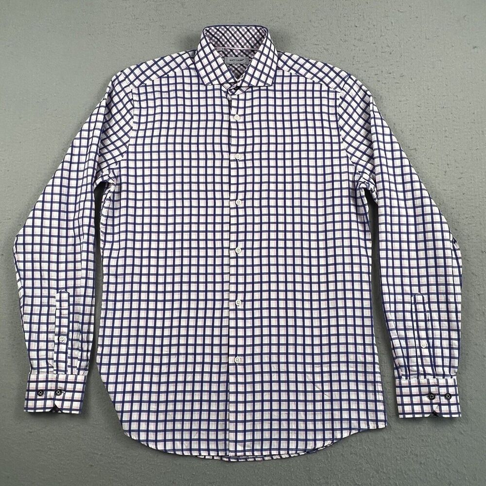 Duchamp Tailored Fit‎ Collared Blue Pink Plaid Long Sleeve Dress Shirt 15.5